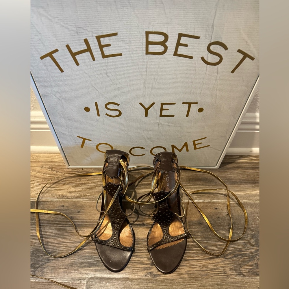 Bebe Brown, leather and gold strap up wedge